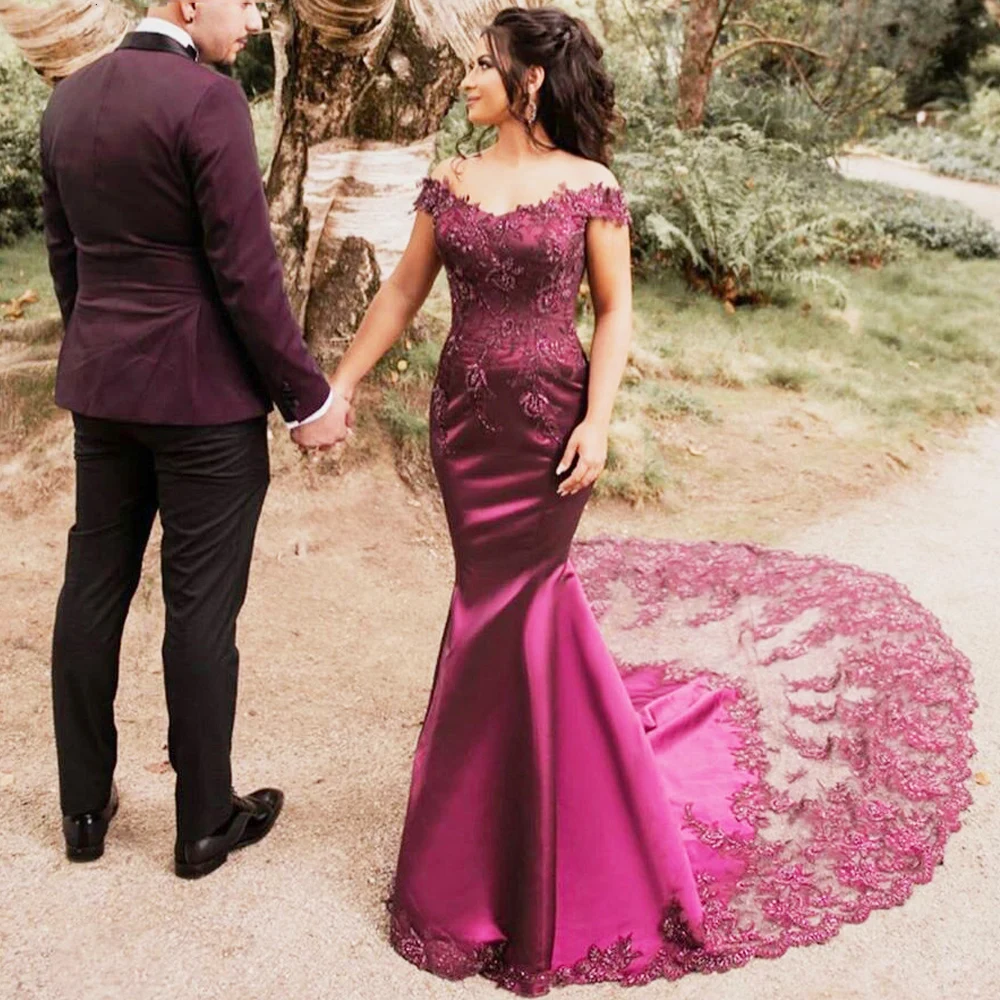 

Eightree Mermaid Evening Dress 2021 Long Elegant Prom Gowns Chaple Train Lace Appliqued V Neck Off Shoulder Custom Dubai Bride