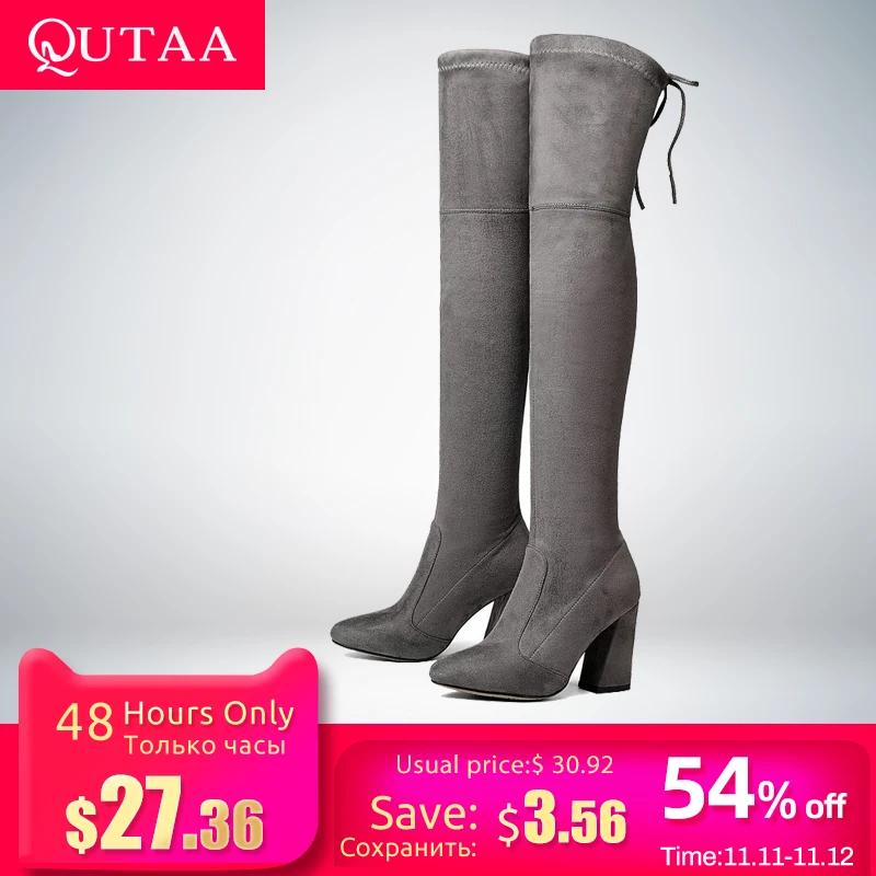 Kaufen QUTAA 2020 Frauen Über Das Knie Hohe Stiefel Kurze Plüsch Innen Warm Halten Winter Mode Sexy Hoof Heels Frauen Stiefel größe 34 43