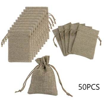 

50pcs Small Burlap Jute Hessian Bag Wedding Favour Jewellery Drawstring Pouch For Store Beads And Jewelries