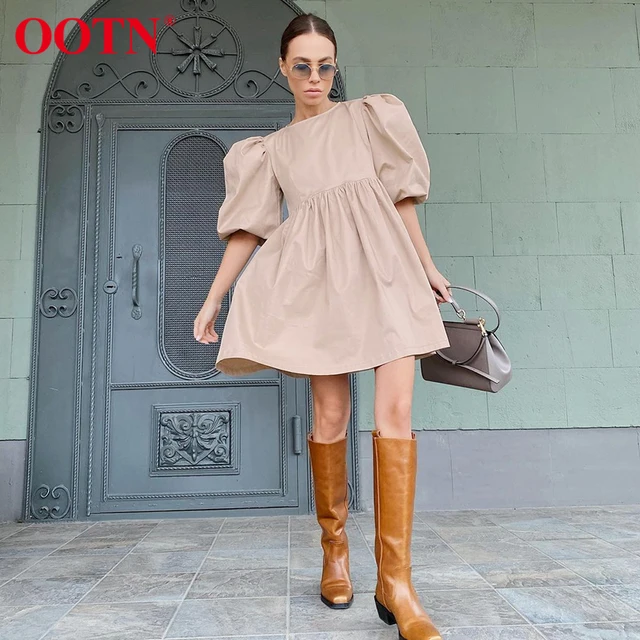 OOTN Green O Neck Casual Women Dress Lantern Short Sleeve Solid Pink Mini Dress Ladies Elegant A Line Summer Dresses Cotton 2021 2