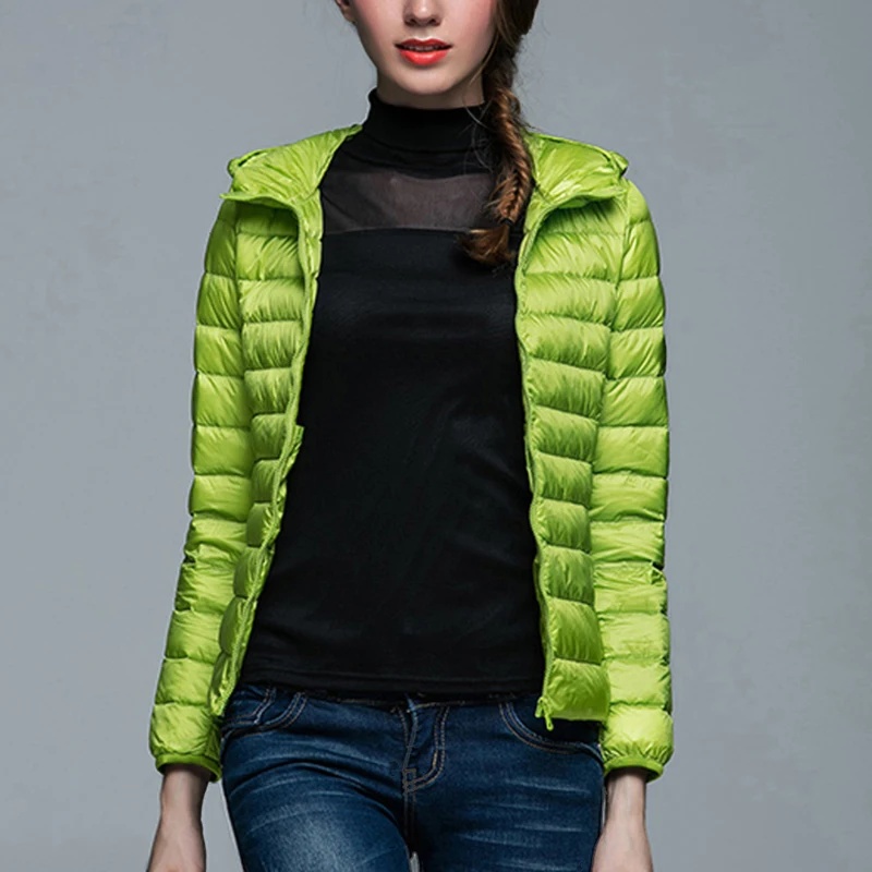 Женская ультра легкая пуховая теплая куртка с капюшоном, облегающая парка с длинным рукавом, Женская однотонная портативная верхняя одежда, зимнее пальто