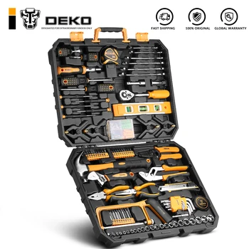 DEKO Hand Tool Set General Household Repair Hand Tool Kit with Plastic Toolbox Storage Case Socket Wrench Screwdriver Knife
