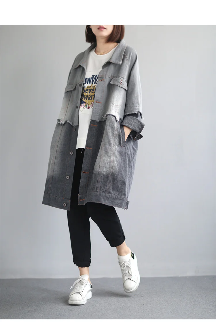 Qi Juan Draw Literature And Art Retro Casual Mid-length Washing Retro Mixed Colors Denim Windbreaker Women's Loose And Plus-size
