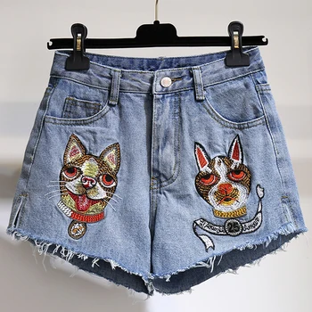 

2019 New Summer Denim Shorts for Women Vintage Dog Head Embroidery Denim Shorts Casual Hot Pants Loose High Waist Denim Shorts