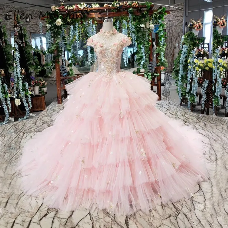 

Colorful Pink Princess Ball Gowns Wedding Dresses Tiered Elegant 2019 Boat Neck Flowers Backless Crystal Tulle Bridal Gowns