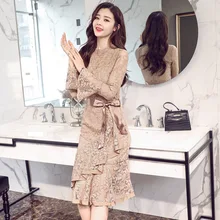 Элегантное женское вечернее платье кружевное Открытое платье с длинными рукавами и оборками, платье знаменитостей для выпускного вечера, платья для вечеринок, осенние женские платья