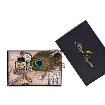 

Vintage Handmade Peacock Feather Quill Dip Fountain Pen + Writing Ink 3 Nibs Kit Set with Gift Box