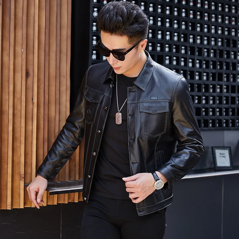 Genuine Leather Jacket Men Motorcycle 