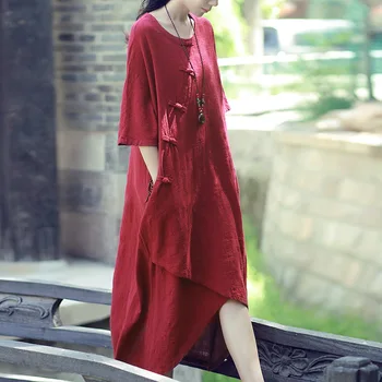 

2020 Summer New Cotton Large Size Women's Original Vintage Cotton Plate Buttons Dress Short Sleeve Dress Robes