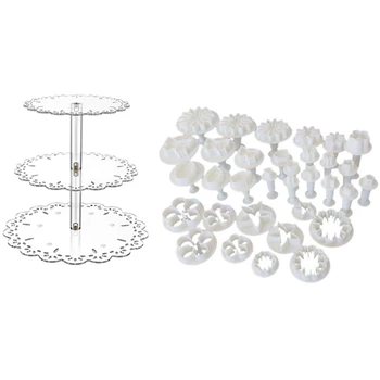 

Set of 33 Cookie Cutters with Pistons and Stamps-Designs Varies with 3 Tier Clear Cup Cake Stand Acrylic Cupcake Stand