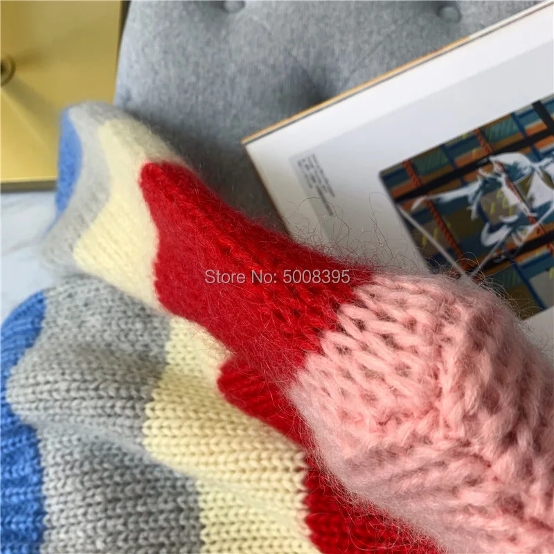 Синий Мохеровая смесь красочные полосатый ручной вязки пуловеры Julliard свитеры с круглым вырезом с длинными пышными рукавами женский трикотаж короткий трикотаж - Цвет: Синий
