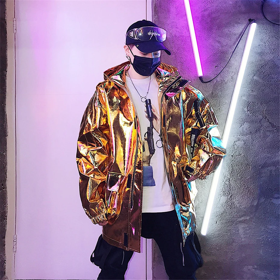 2020 Nieuwe Pu Jas Mannen Hip Hop Hooded Golden Windjack Mens Fashion Lente Hip Hop Night Club Hoody Jassen MG408
