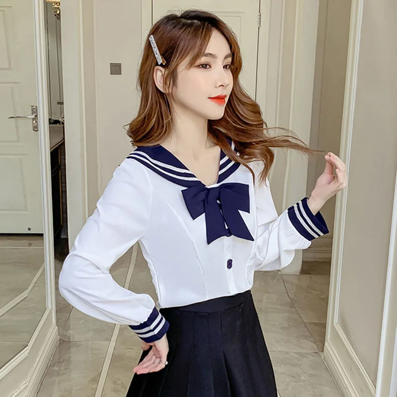 Sailor Collar Lolita Blouse Elegant Women  Autumn Long Sleeve Vintage Shirts Sweet Ladies Tops Preppy Fashion Blusas Bow Shirts