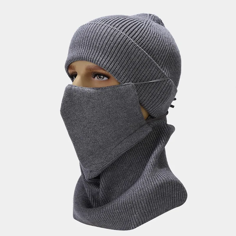 Warm Winter Knit Face Mask Visor Hat Black