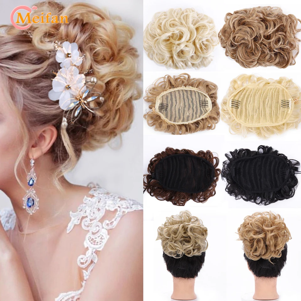 MEIFAN Women Easy Clip In Big Hair Bun Rubber Band Chignon with Two Comb Wave Curly Synthetic Wigs Ponytail Extensions