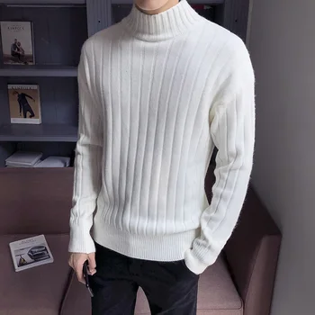 

2019 Winter Men's Slim Fit Knitting Vertical Stripe Cashmere Pullover Thickening Coats Half High Collar Woolen Sweater M-2XL