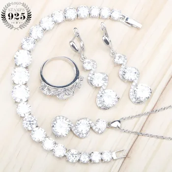 

925 Sterling Silver Women Jewelry Sets White Zircon Earrings With Stones Necklace Pendant Earrings Rings Bracelets Set Gift Box