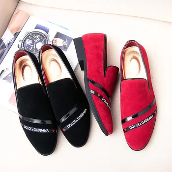 

European Men Loafers Wedding Shoes Classic Business Club Shoes Suede Leather Shoes For Men Slip On Flats Casual Shoes Red Black