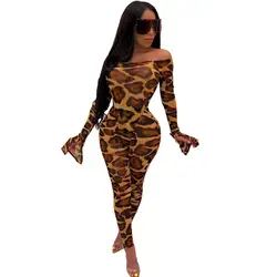 Леопардовый сексуальный комплект из 2 предметов, Женская праздничная одежда, Длинный Облегающий комбинезон с расклешенными рукавами, боди