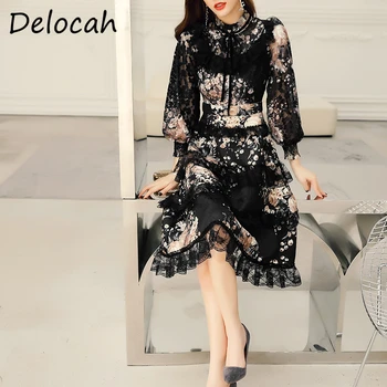 

Delocah Women Fashion Autumn Designer Party Midi Dress Ruffles Lace Bow Lantern Sleeve Floral Print High Waist A-Line Dresses