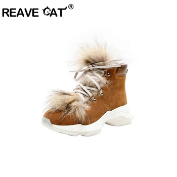 

REAVE CAT Women Fur Snow Winter's Warm Platform Ankle Boots Cow suede Round Toe Lace Up Cross-tied Flat with size 35-39 Winter