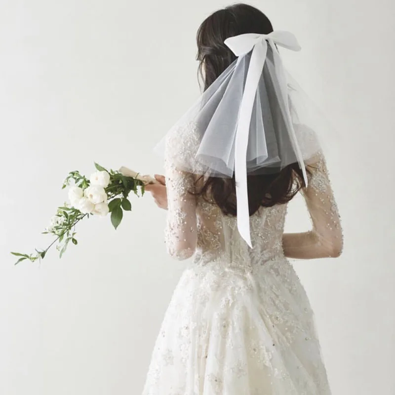 

SLBRIDAL Shoulder Length Bowkot Style Wedding Veils With Comb White Bridal Veils Wedding Accessories For Bride Mariage Women