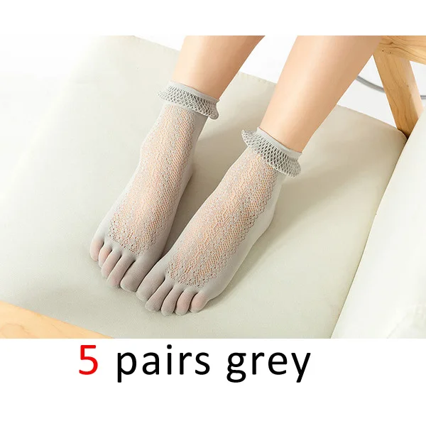 VERIDICAL 5 пар/лот, нейлоновые женские носки с пятью пальцами, тонкие дышащие шелковые носки с сеткой, модные шелковые носки meias feminino sokken - Цвет: Серый