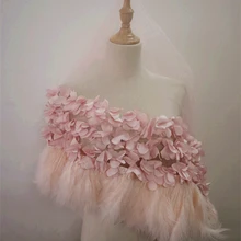 3D Цветы и перо ткани, розовые 3D кружева ткани, 3D перо кружева ткани, гофрированные Цветы Ткань с пером