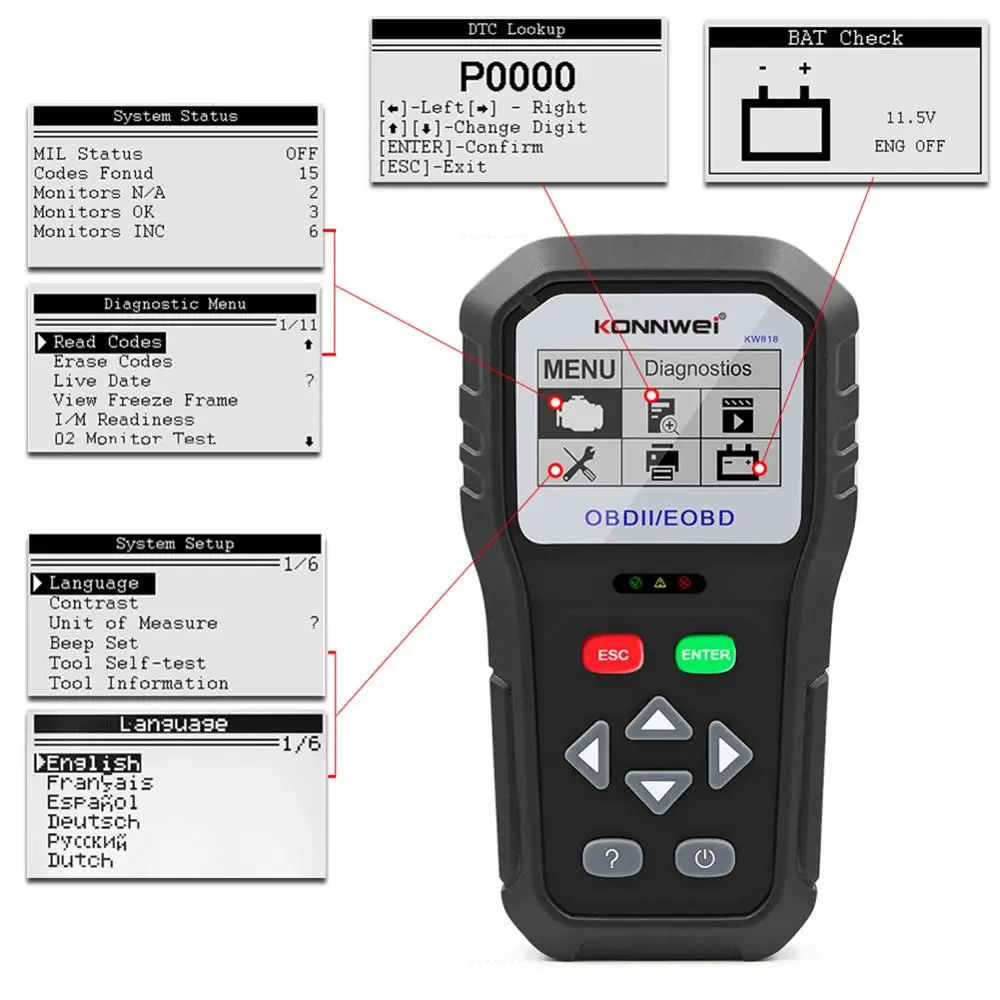 

KONNWEI OBD II Cars Diagnostic Check Engine Scanner Auto Code Reader Light Scan Tool for Tester Tools KW830 Professional OBD2