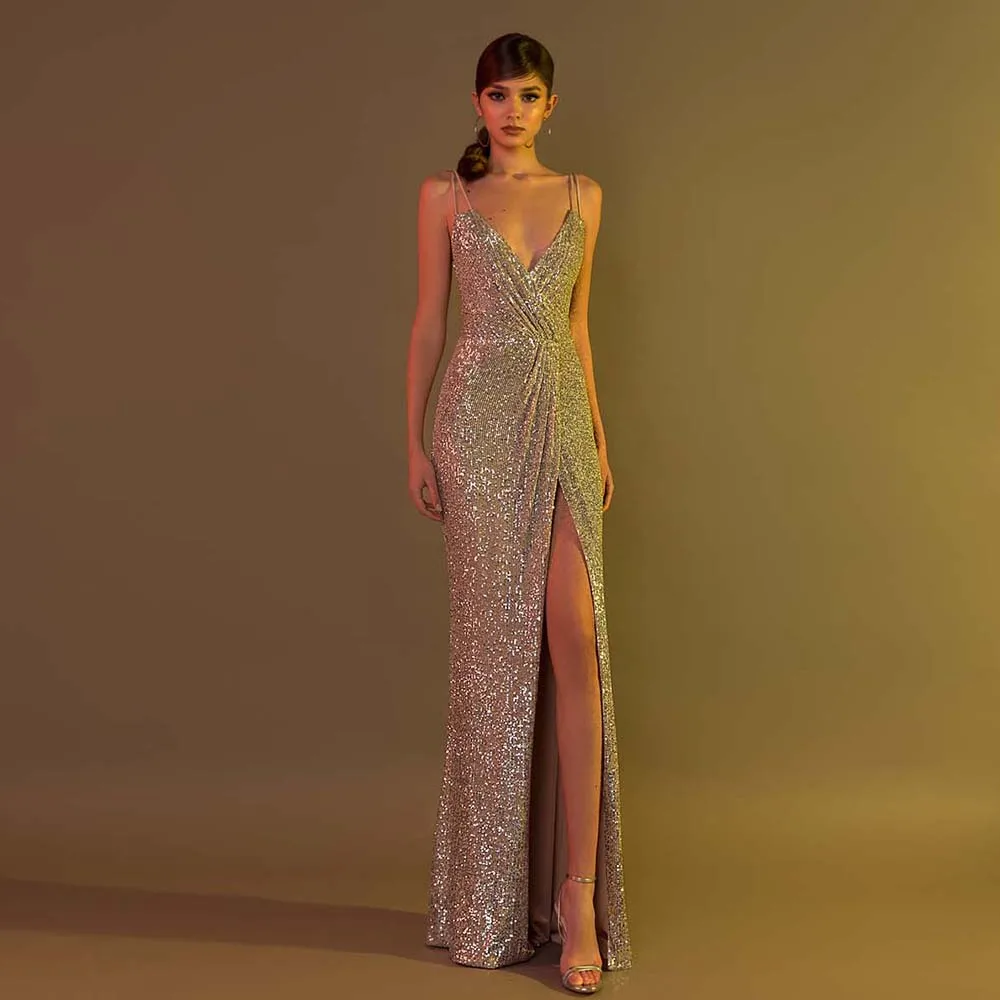 

Sparkle Mermaid Evening Dresses Long Luxury 2021 Elegant Spaghetti Strap Side Split Sequin Bridal Prom Gowns robes de soirée