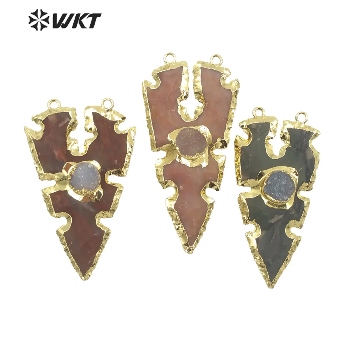 

WT-P1735 WKT New design fashion gold trim Natural druzy charm Agates Arrowhead pendant double loops 2.5 inch long stone carved