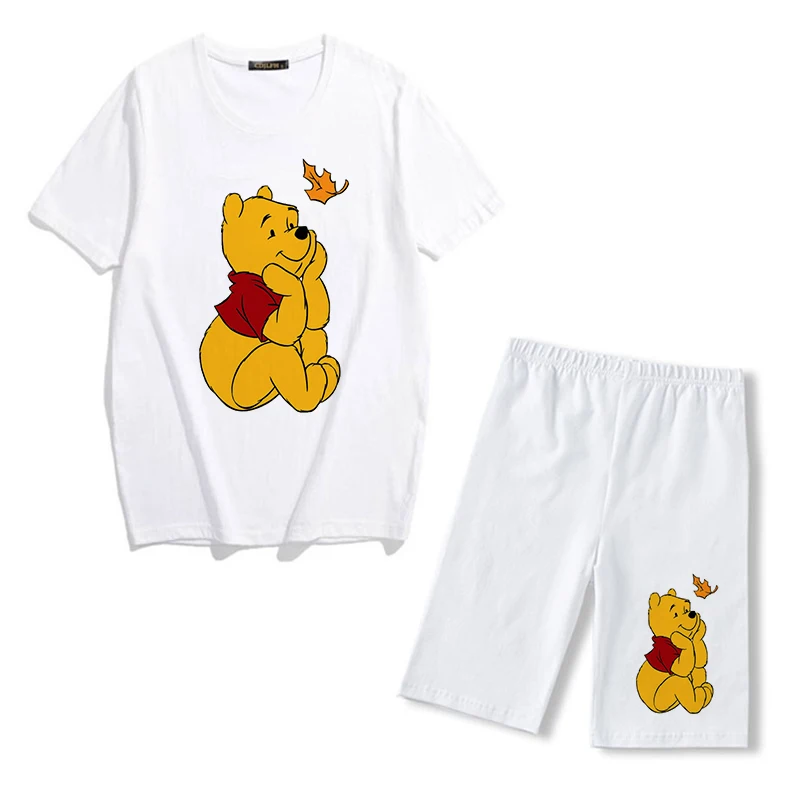 Disney Winnie The Pooh Bear Graphic Women's Two Piece Set Summer Pullover T Shirt And Jogger Shorts Harajuku Korean Tracksuit women's sets Women's Sets