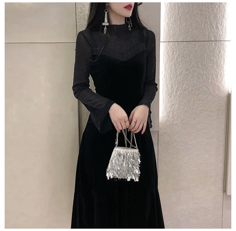 

Women Elegant Black 2020 Lace Velvet Dress Female Flare Sleeve Autumn Winter Vestido Casual Slim Velour Dresses WXF720