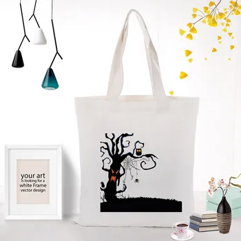 

Canvas Tote Bag Halloween Children's Gift Candy Bag Text DIY Custom Print Logo Eco Reusable Handbag Recycled Shopping Bag