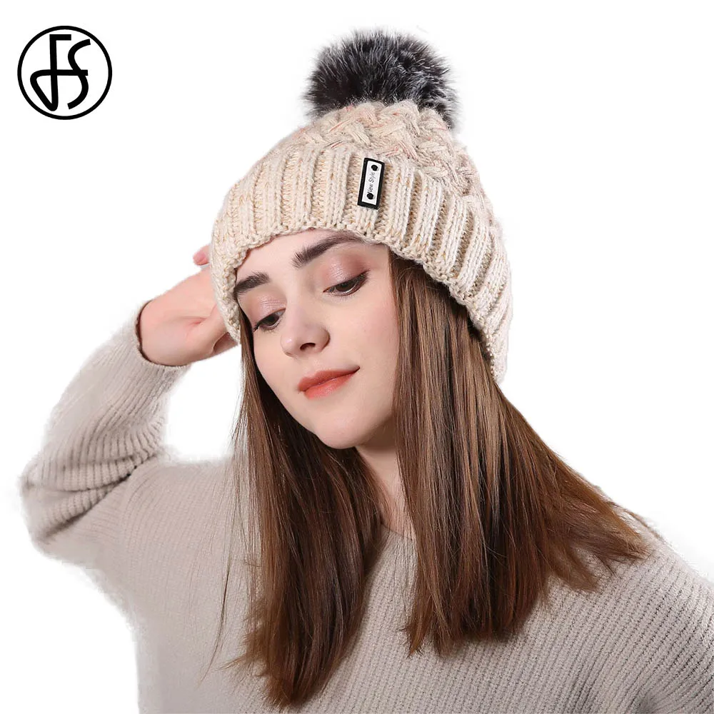 FS Новый стиль зимние шапки для женщин Мех животных Pom Beanie вязаный Skullies Красный