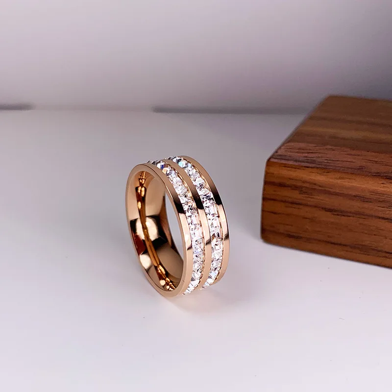 Gold Color Ring Stainless Steel Ring Finger Ring Wedding Ring Luxury Rose Gold Color Double Row Square Zircon Ring for Women