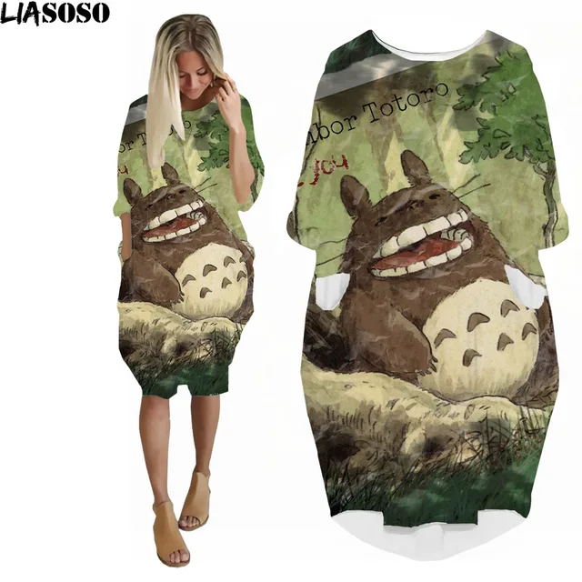 LIASOSO Anime Totoro Dress 3D Printing Girls Street Interesting Fashion Trend Wild Loose Long Sleeve Over The Knee Dress Womens QAAA14668