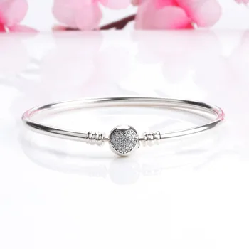 

100% 925 Sterling Silver Pan Bracelet Silver Round With Heart Crystal Cz Pan Bracelet Fit European Charm Bracelets Women Jewelry