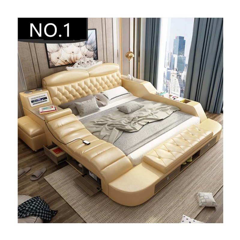 Geunine кожаная кровать мебель из цельного дерева Многофункциональный спальный комплект