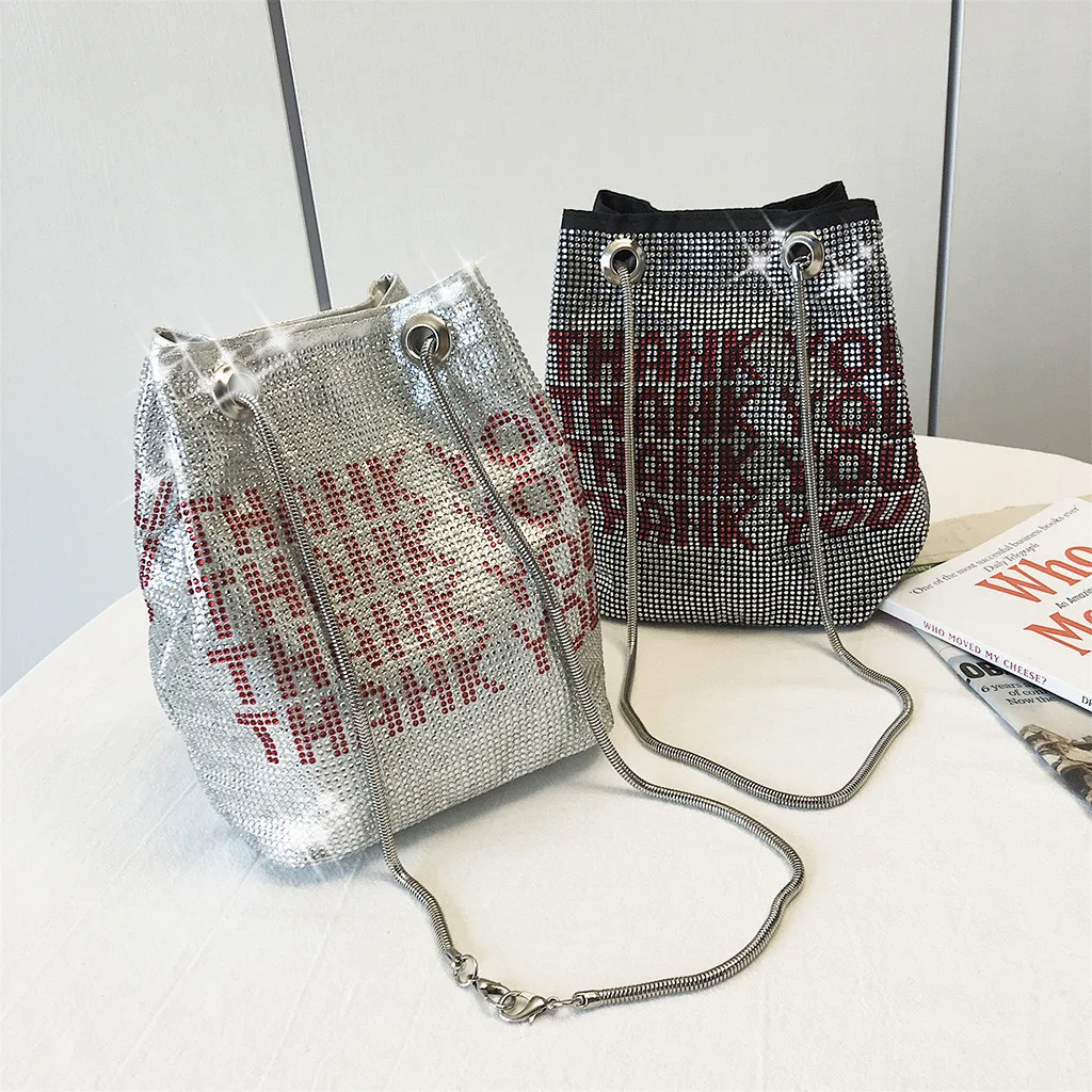 

Women's Multicolor Bag Bright Diamond Package Chain Letter Bucket Bag Fashion Shoulder Bags 2019Luxury Handbags