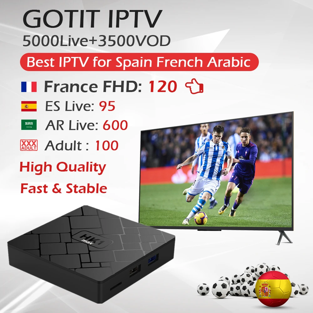 

GOTIT Android 8.1 RK3328 4K 4GB 32GB H.265 WIFI 2.4G TV BOX with French Arabic Spain Portugal Nordic KING IPTV 3D Media Player