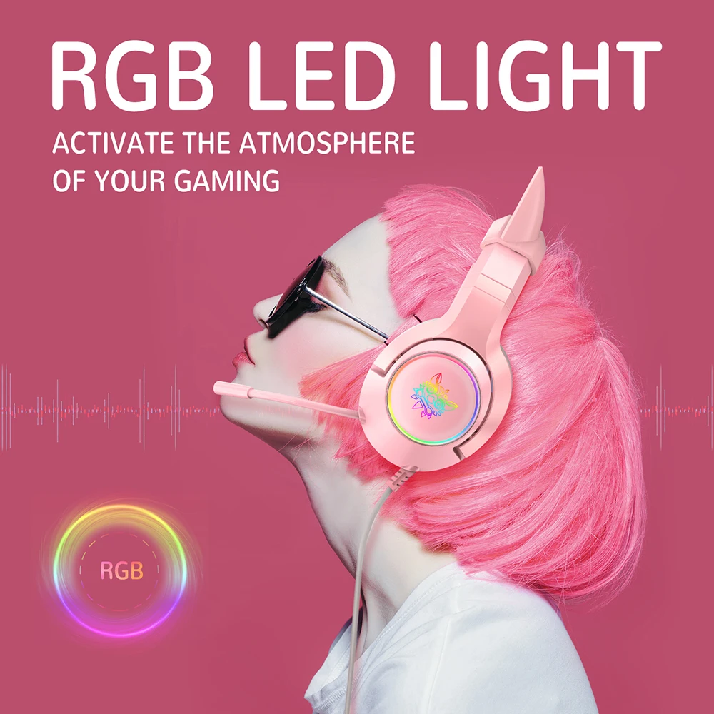（Original Box）Onikuma K9 Pink Cute Cat Ear Headphone with Mic Gaming Headset and Noise Cancelling with Led Light