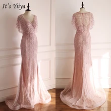 It's Yiya вечернее платье короткий рукав v-образный вырез кристалл труба элегантные вечерние платья кружева поезд вечерние Robe De Soiree E933