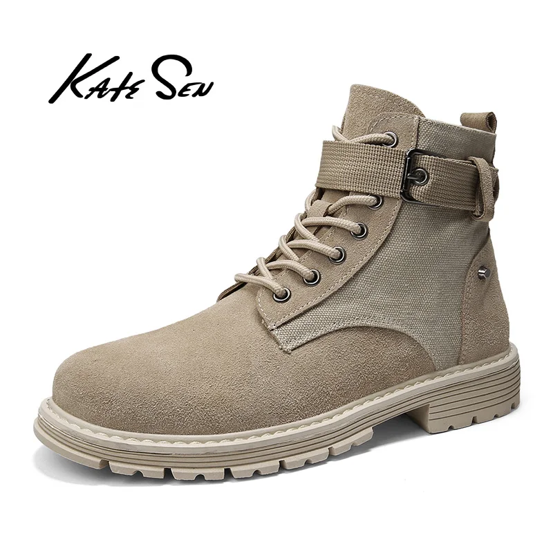 

KATESEN Autumn Winter plush warm genuine leather men boots all season work shoes man ankle boot with fur black Outdoor boots