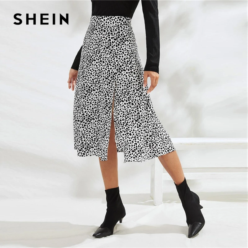 SHEIN, черная и белая, по всей поверхности, с принтом, с разрезом, до бедра, сексуальная юбка, для женщин, низ,, осенняя мода, для девушек, на молнии, миди, трапециевидные юбки