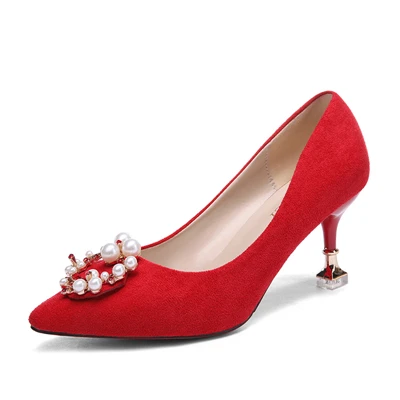VMTI/Новинка года; сезон весна-осень; свадебные туфли для невесты; красные свадебные туфли; женские туфли с острым носком на высоком каблуке-шпильке; Туфли подружки невесты - Цвет: Red 7CM