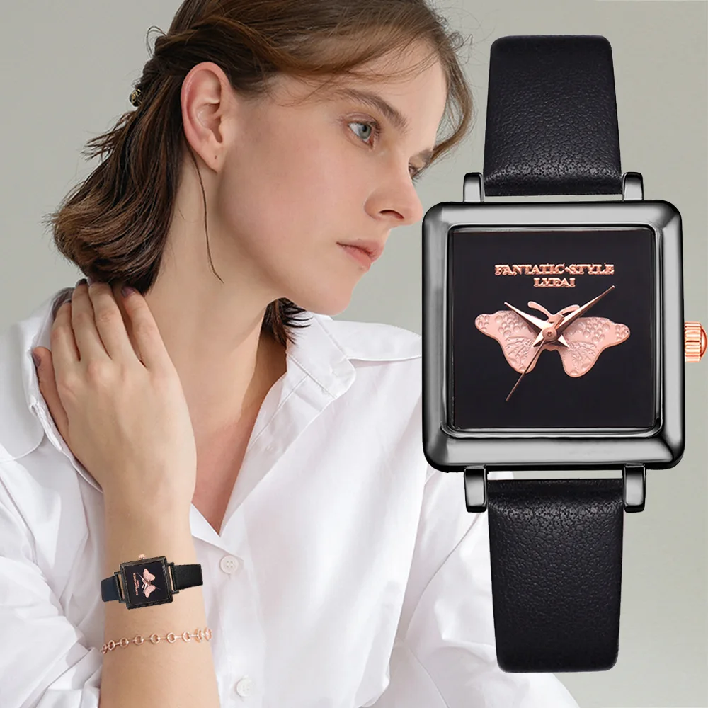 

Women's Fashion Creative Cool Square "Watch Header Butterfly Dial Leather Belt Quartz Watch