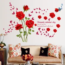 Romantic Red Roses Wall Stickers for Couples Bedroom Porch Living Room Bathroom TV Wedding Room Flowers Decoration Art Mural