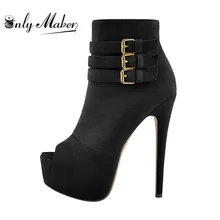 Onlymaker/женские туфли на высоком каблуке 16 см, с открытым носком, на платформе, на высоком каблуке, с пряжкой, вечерние, модные, из флока, черные и красные, Зимние ботильоны
