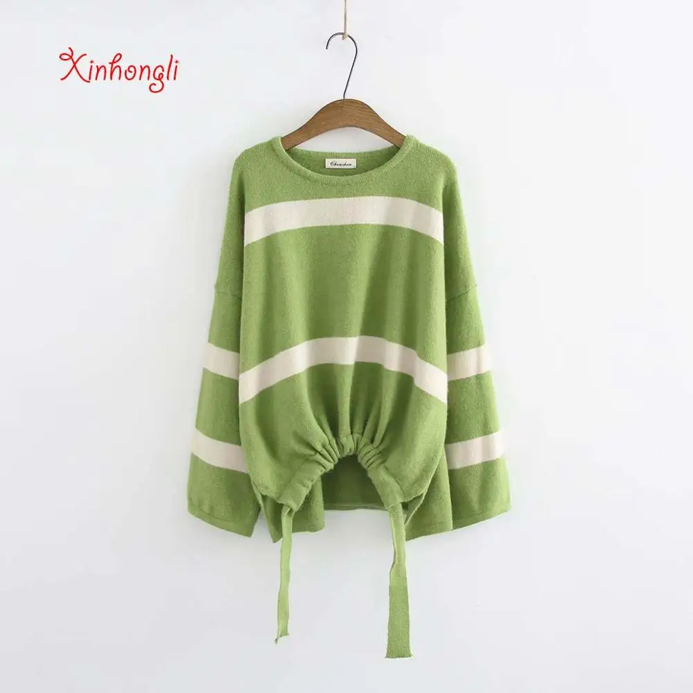 

Plus size wool loose O-neck BOW sweater 2020 NEW autumn winter casual ladies pull femme tops jumper navy gold green Coral